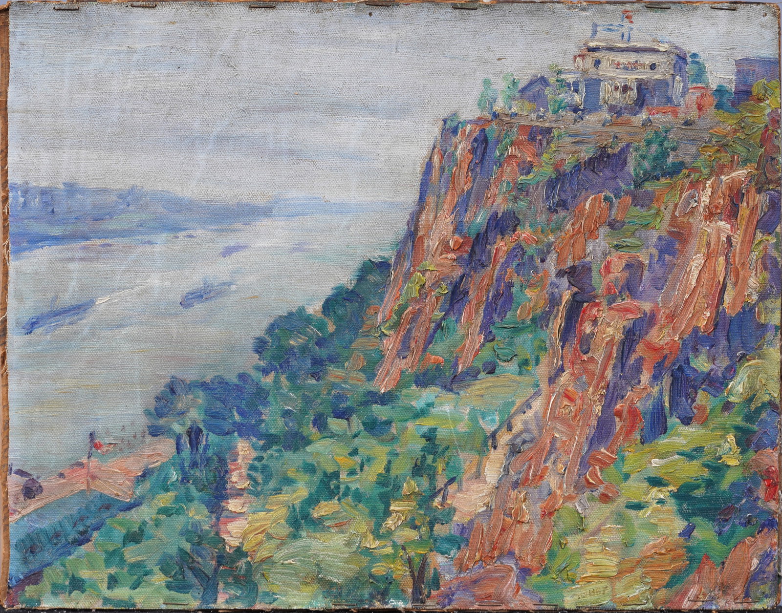 Important Signed Ashcan School Palisades Landscape Antique Impressionist Oil Painting: Antique American impressionist view of the Palisades oil painting. Oil on canvas, lain to board. Signed. Measuring 12 by 15 inches. Please see all images for condition. Size is measured and written on