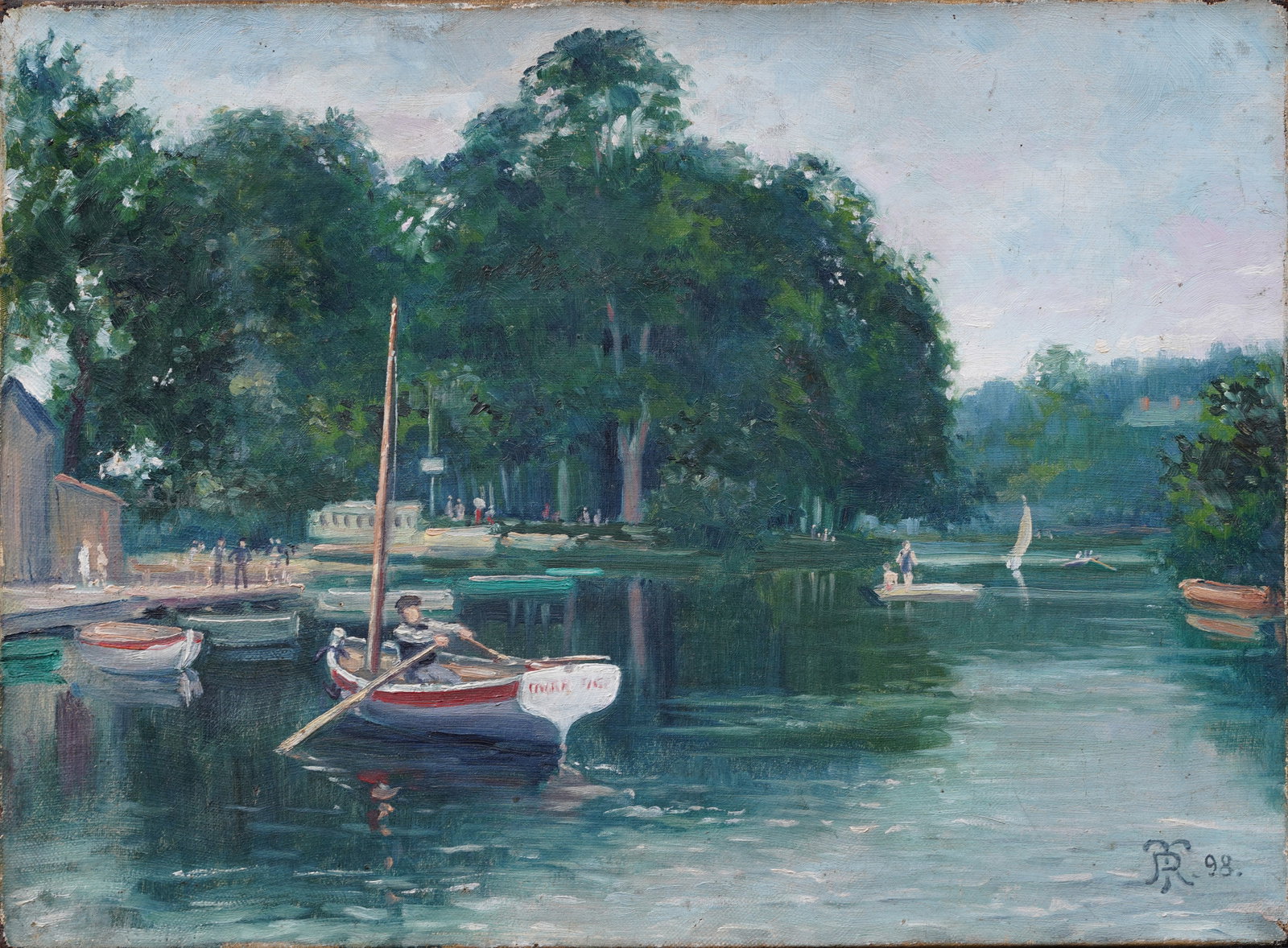 1898 Monogrammed Antique European Row Boat Park Landscape Impressionist Oil Painting: Antique European impressionist landscape oil painting. Oil on canvas. Signed. Measuring 12 by 16 inches. Please see all images for condition. Size is measured and written on the back of the painting. 
