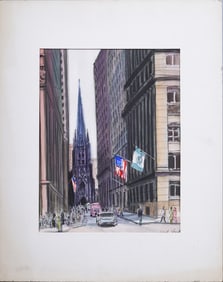 Vintage Signed American School New York Cityscape Wall Street Watercolor Painting