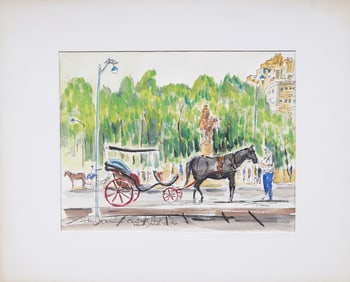 Vintage Signed American School New York City Street Scene Watercolor Painting