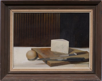 Vintage American Modernist Blue Cheese Kitchen Still Life Framed Modern Original Oil Painting