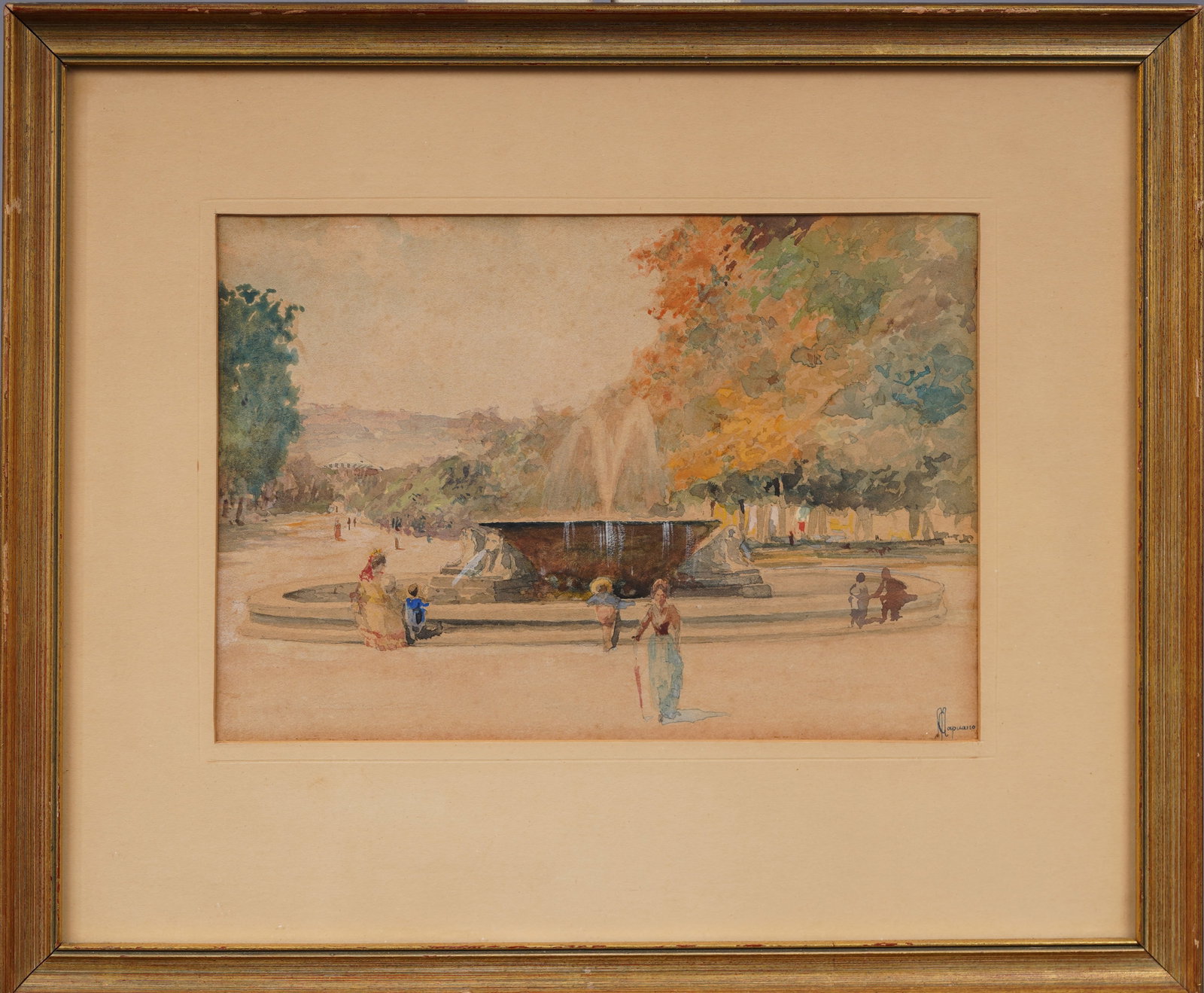 Michele Capuano (c. 1890-1910) Antique Italian Impressionist Park Landscape Framed Painting: Antique Italian landscape painting. Watercolor on paper. Signed. Framed. Measuring 12 by 14.5 inches overall and 6.25 by 9.25 painting alone. Please see all images for condition. Size is measured and 