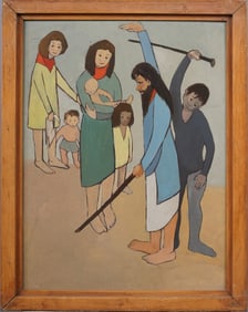 Nicely Painted Unusual Family Portrait Framed Modernist Surreal Oil Painting