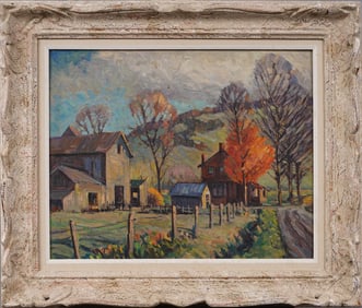 Antique American School New England Fall Landscape Framed Impressionist Original Oil Painting