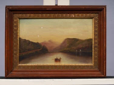 Antique American Hudson River School Folk Art Sunset Framed 19th Century Original Oil Painting