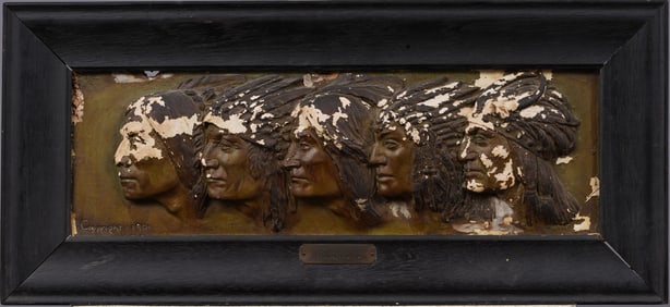 Circa 1901 Antique American School Iroquois Native American Wall Plaque Framed Sculpture Portrait