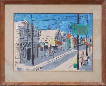 "Jungle Bar" American School Signed Modernist Street Scene Black Figures Strolling Painting