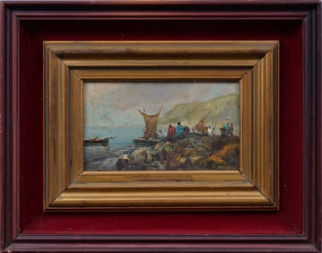 Antique European Framed Impressionist Signed Harbor Scene Oil Painting