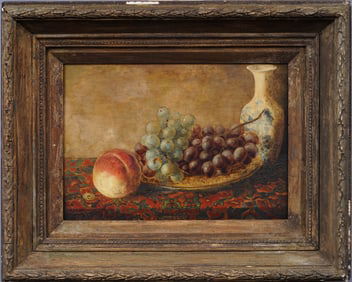 Antique English Framed 19th Century Grape and Peach Fruit Still Life  Oil Painting