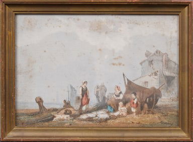 Signed Antique Old Master European Harbor Scene Framed Watercolor Seascape Painting