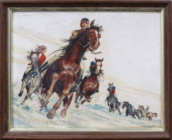 James R. Bingham (1917-1971) Antique American Horse Race Equestrian Illustration Painting