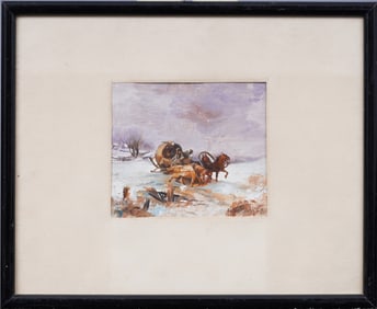 Vintage Signed European Winter Impressionist Snowy Framed Horse Sleigh Landscape Oil Painting