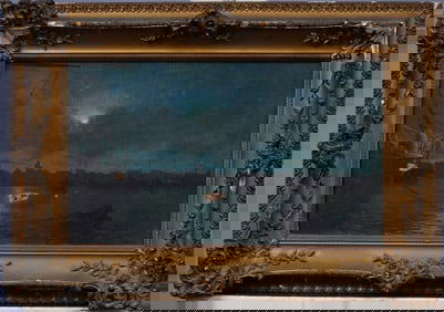 Antique American School Nocturnal Seascape Signed and Nicely Framed  1919 Original Oil Painting
