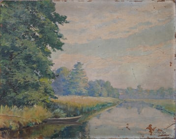 Antique Signed American Impressionist River Landscape Original Oil Painting