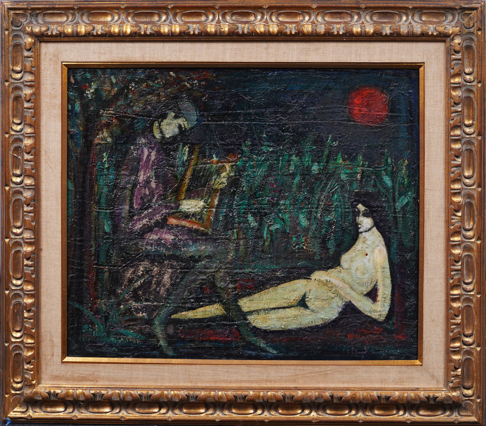 Nissan Engel (1931 - 2016) Antique American Modernist Framed Nude Portrait Original Oil Painting: Antique American modernist nude portrait oil painting by Nissan Engel (1931 - 2016). Oil on canvas. Signed. Framed. . Please see all images for condition. Size is measured and written on the back of t