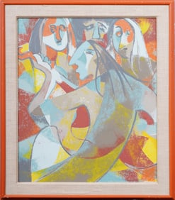Vintage American School Cubist Abstract Portrait Framed Oil on Canvas Painting