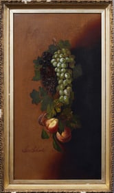 19th Century Antique American School Fruit Still Life Grapes and Peaches Frame Signed Oil Painting