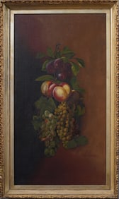 19th Century Antique American School Fruit Still Life Grapes and Peaches Frame Signed Oil Painting