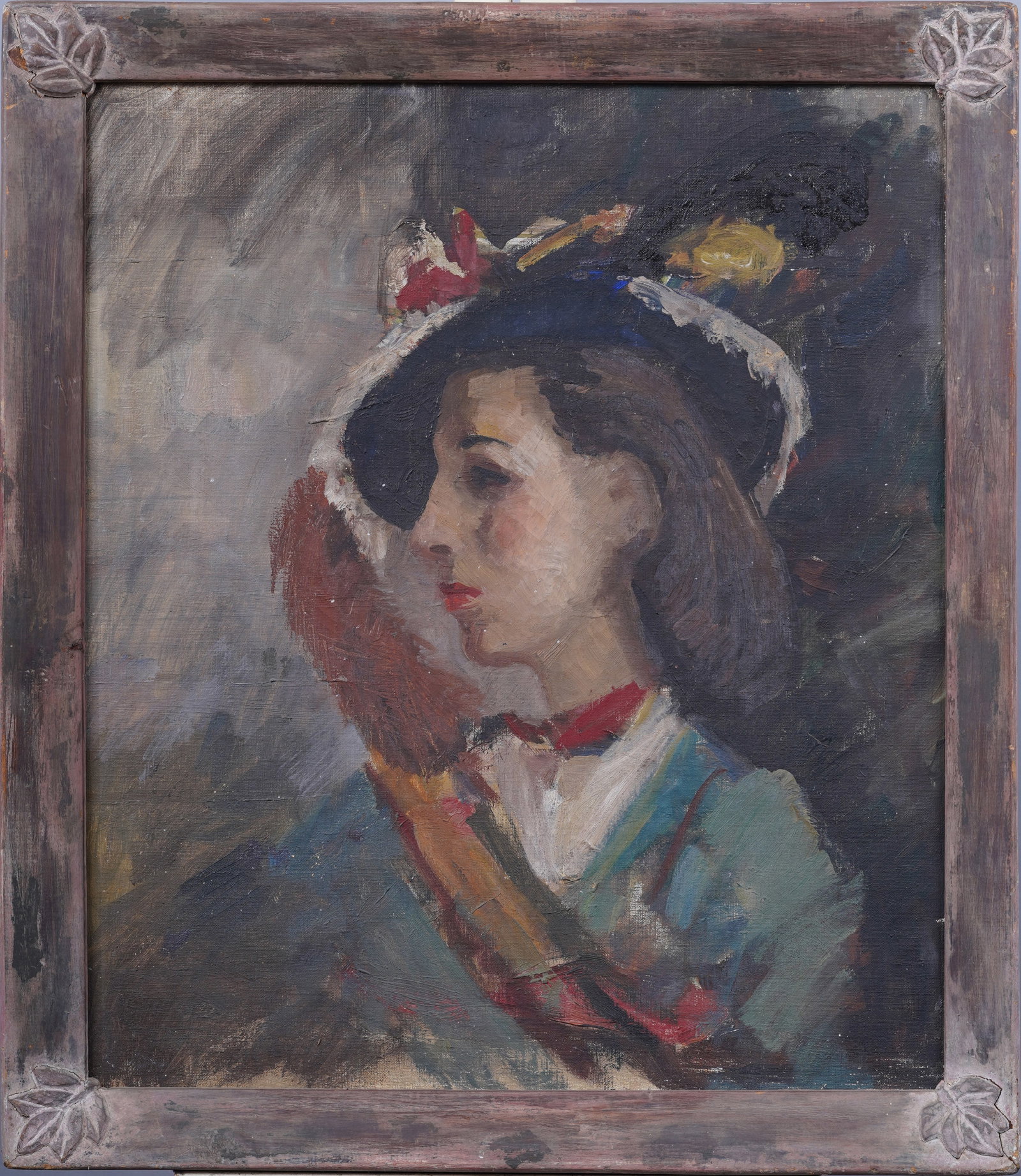 Antique American School WPA Modernist Social Realist Framed Young Woman Portrait Oil Painting: Antique American oil painting. Oil on canvas. Framed. Measuring 27 by 31 inches overall and 24 by 28 painting alone. Please see all images for condition. Size is measured and written on the back of th