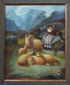 Vintage Irish or Scottish Sheep Grazing In the Highlands Framed Original Oil Painting
