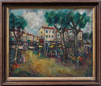 Vintage Signed European Town Center Landscape Framed Original Oil Painting