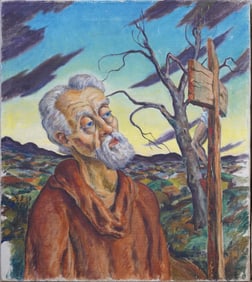 Antique American Surreal Landscape and Male Portrait Modernist Original Oil Painting Signed Manfredi