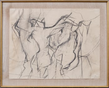 Large American School Abstract Cubist Figural Original Charcoal Framed Portrait Drawing