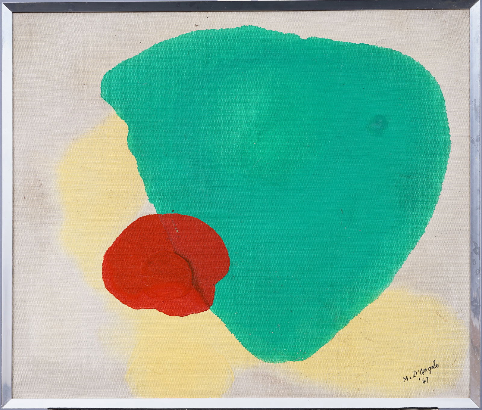 Signed 1967 Mid Century Modern Colorfield Minimalist Abstract Antique American Original Oil Painting: Antique American abstract color field oil painting. Oil on canvas. Signed. Framed. Measuring 19 by 22 inches overall and 18 by 21 painting alone. Please see all images for condition. Size is measured