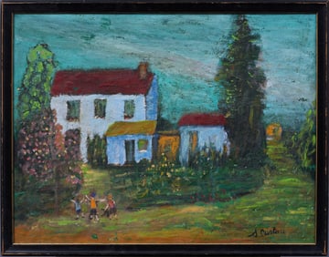 Vintage American School Signed Kids Playing Framed Landscape Original Oil Painting