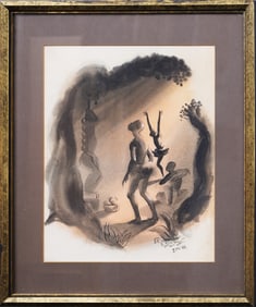 Antique African Modernist Spiritual Signed "J.M. 1944" Figural Landscape Framed Painting