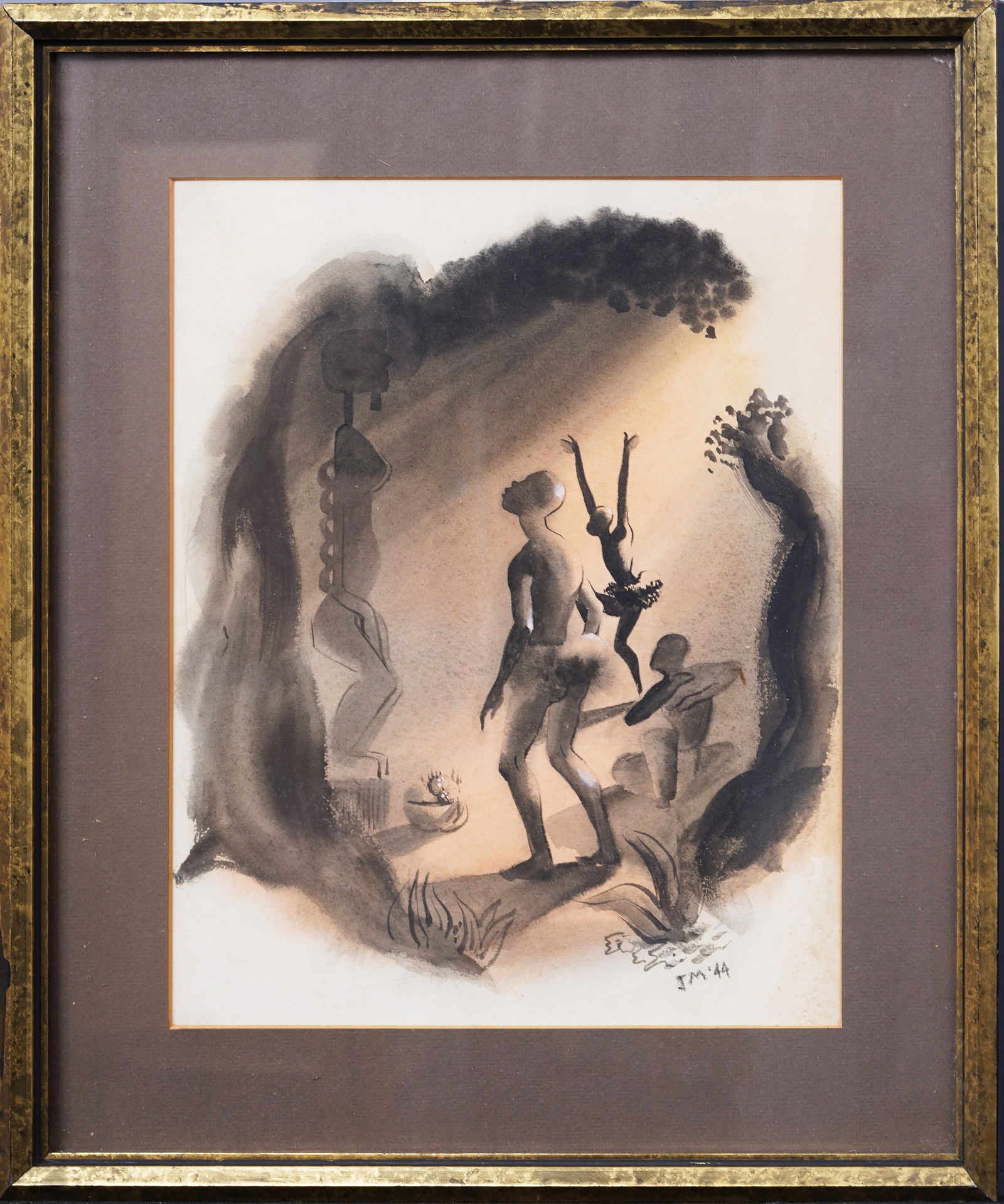 Antique African Modernist Spiritual Signed "J.M. 1944" Figural Landscape Framed Painting (1 of 5)