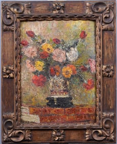 Bibi Zogbe (1890-1973) Important Lebanese Woman Modernist Flower Still Life Signed Oil Painting
