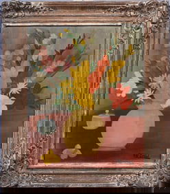 Bibi Zogbe (1890-1973) Important Lebanese Woman Modernist Flower Still Life Signed Oil Painting