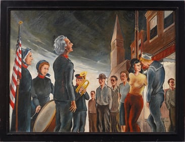 Early American Flag Modernist Surreal Street Scene WPA Social Realist Portrait Oil Painting