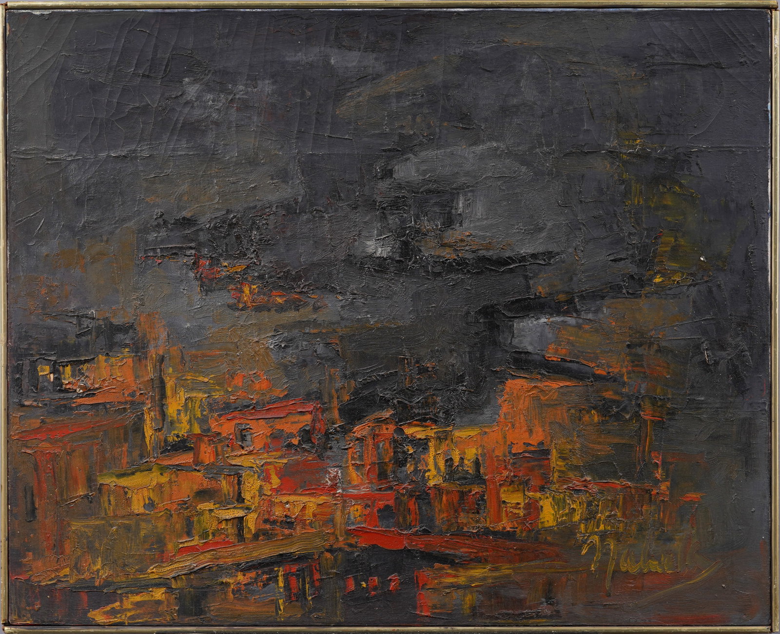 Antique American Abstract Expressionist Framed Signed Mid Century Modern Original Oil Painting: Antique American abstract oil painting. Oil on canvas. Signed. Framed. Measuring 25 by 31 inches overall and 24 by 30 painting alone. Please see all images for condition. Size is measured and written 