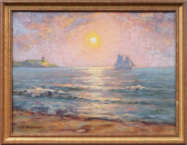 Paul Berdanier (1879-1961) Montauk Lighthouse Impressionist Sunset Seascape Exhibited Oil Painting