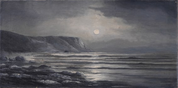 Antique American Moonlit Hudson River School Nocturnal Coastal Seascape Panoramic Oil Painting