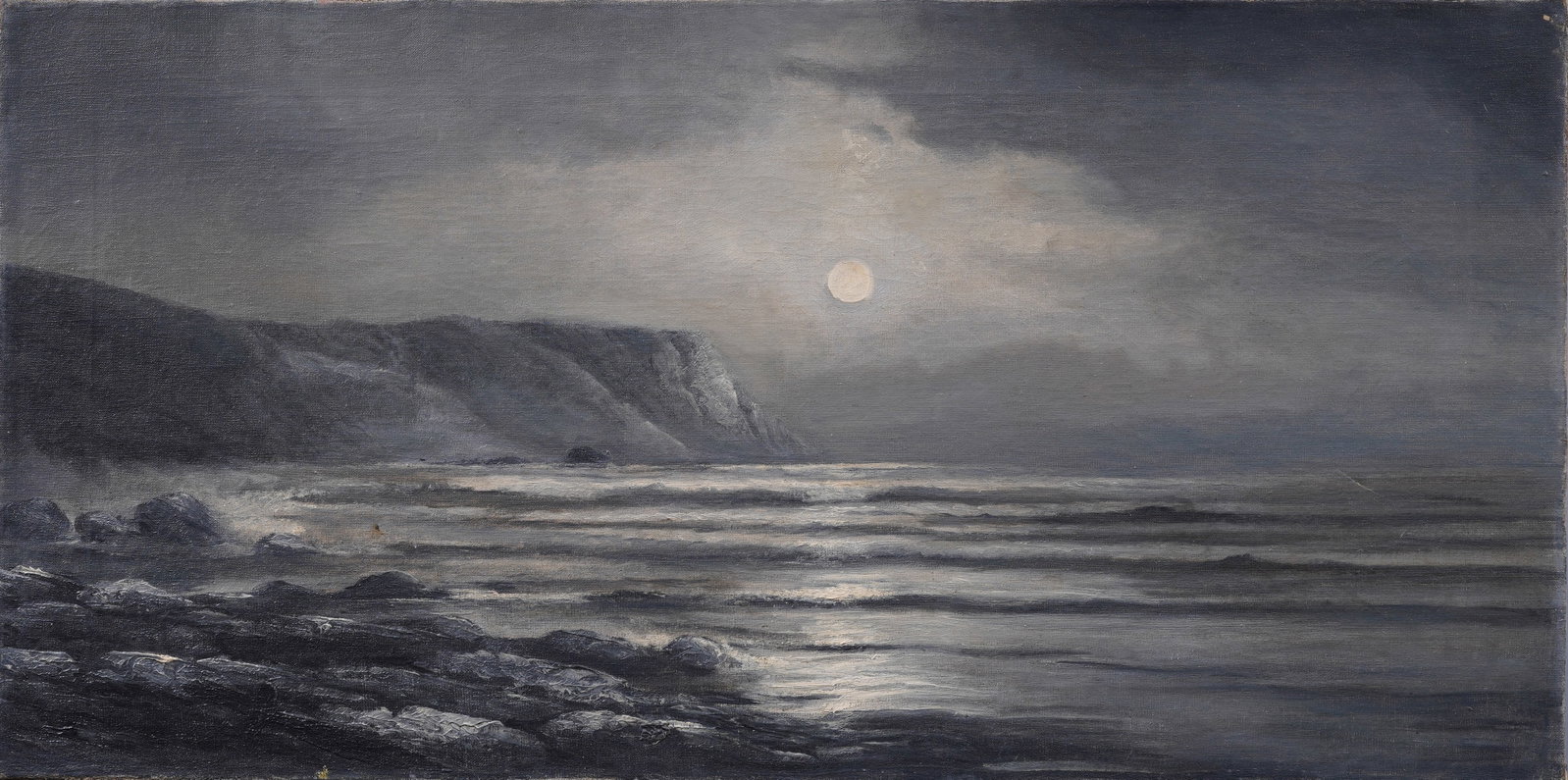 Antique American Moonlit Hudson River School Nocturnal Coastal Seascape Panoramic Oil Painting: Antique American school moonlit coastal oil painting. Oil on canvas. Measuring 14 by 28 inches. Please see all images for condition. Size is measured and written on the back of the painting. The first