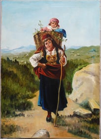 Antique European Signed Figural Landscape Oil Painting