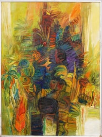 Jaime Villa Signed Vintage Ecuadorian Abstract Tropical Landscape Large Framed 1969 Oil Painting