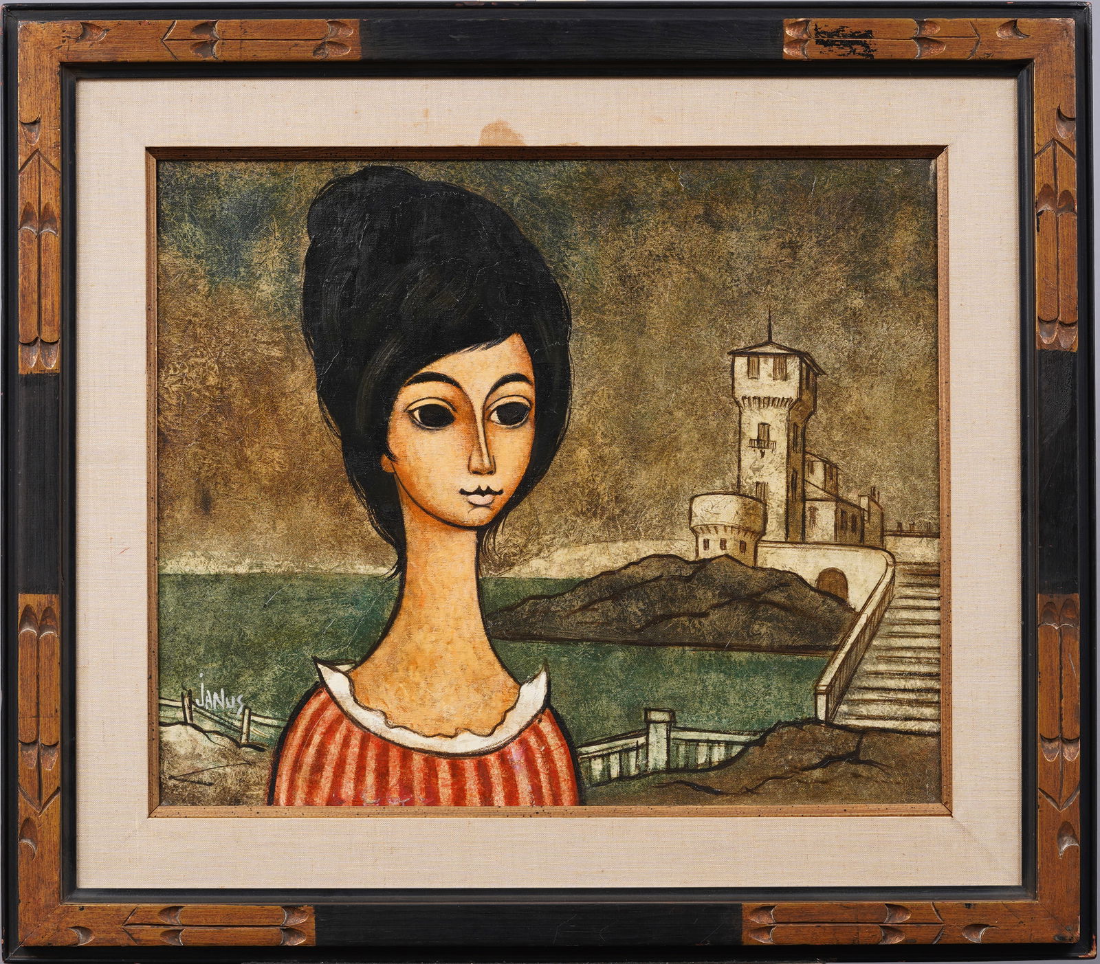 Signed Janus Vintage European Modernist Coastal Seascape and Young Woman Portrait Oil Painting (1 of 6)