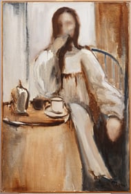 Janet Cohen (1913-1992) Vintage American Modernist Framed Interior Scene Portrait Oil Painting