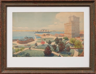 Antique American New York City Downtown View Battery Park & Aquarium Cityscape Signed Painting