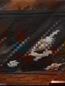 Antique European Interior Scene Oil Painting