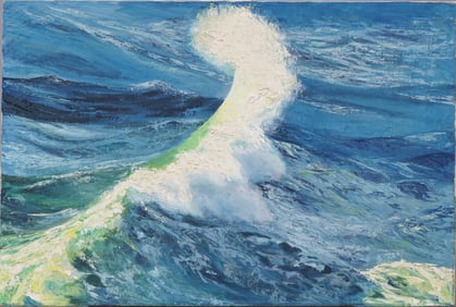Signed Thompson American School Large Impressionist Crashing Surf Seascape Oil Painting