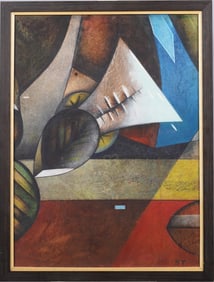 Large Important Monogrammed  "SF" Antique Cubist Abstract Framed Original Painting