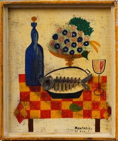 Manfariel de Adali Signed Modernist Interior Kitchen Table Abstract Still Life Oil Painting