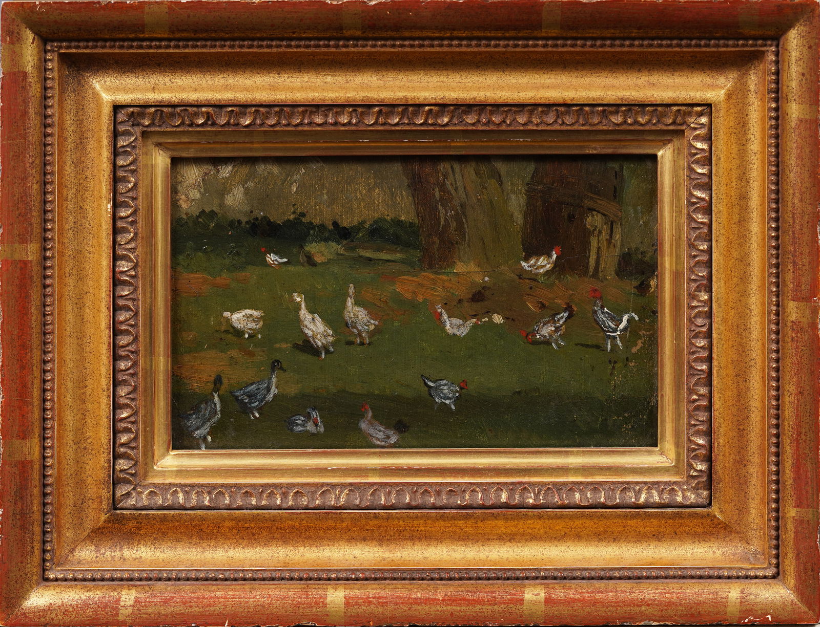 Antique American School Impressionist Grazing Chickens Framed Original Oil Painting (1 of 4)