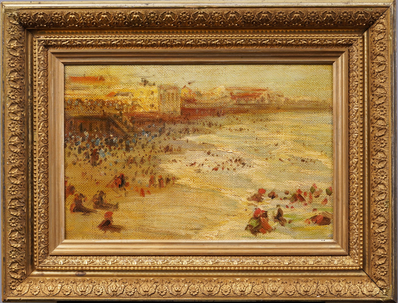 Antique American Impressionist Coney Island Beach Scene Seascape Framed Oil Painting (1 of 8)