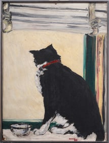 Vintage Signed Bozzi American School Modernist Cat Portrait Framed Interior Scene Oil Painting